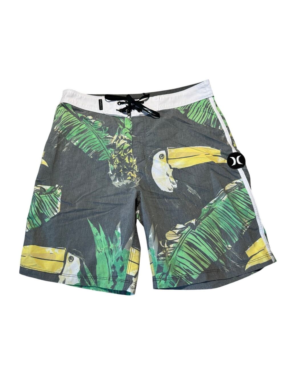 Hurley Men Toucan Board Shorts Swim Trunks Grey Black Tropical Bird AH0314 Sz 29
